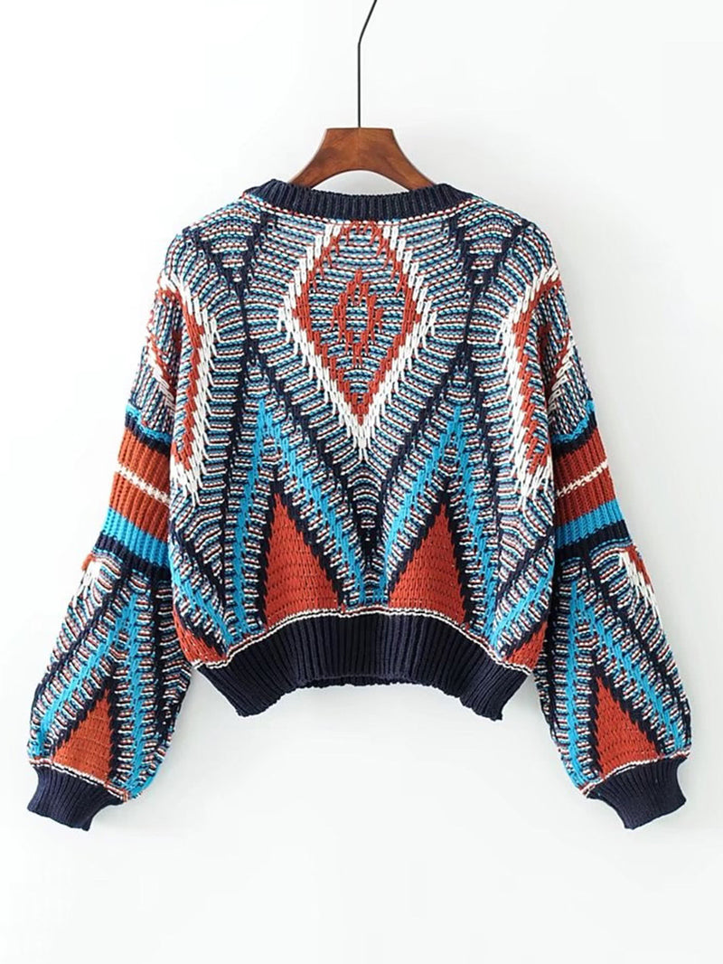 Multi-coloured Aztec Puff Sleeve Knitted Jumper